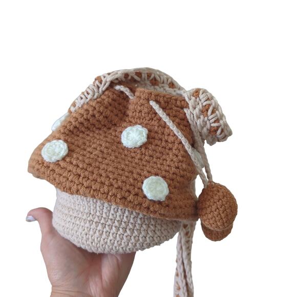 Handmade Crochet Mushroom Purse Crossbody Bag Nature Brown Whimsical Fairy - Picture 2 of 9